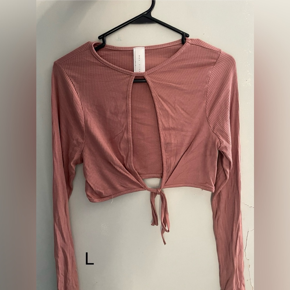 Dusty Rose Ribbed Tie-Front Blouse